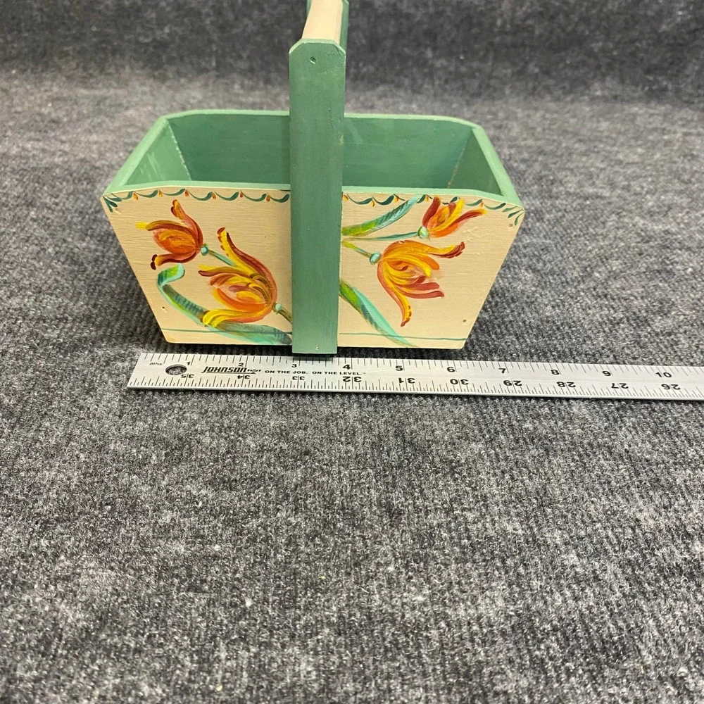 Bonnie Stout Hand Painted Wood Basket Floral Tulip Dragonfly Green Folk Art